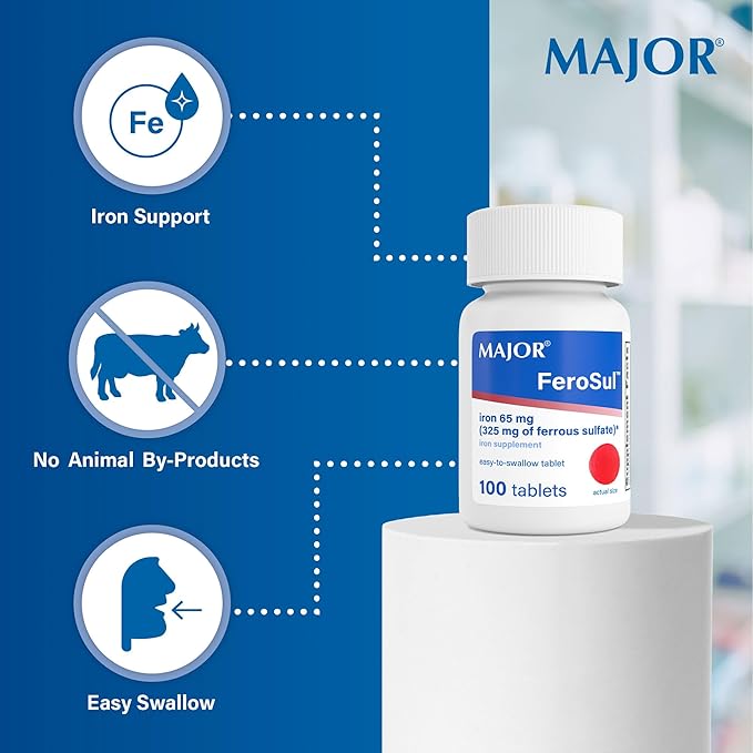 Major Ferosul - Ferrous Sulfate 325mg Tablets with 65mg of Elemental Iron - Iron Supplement for Women, Men - Red - 100 Count