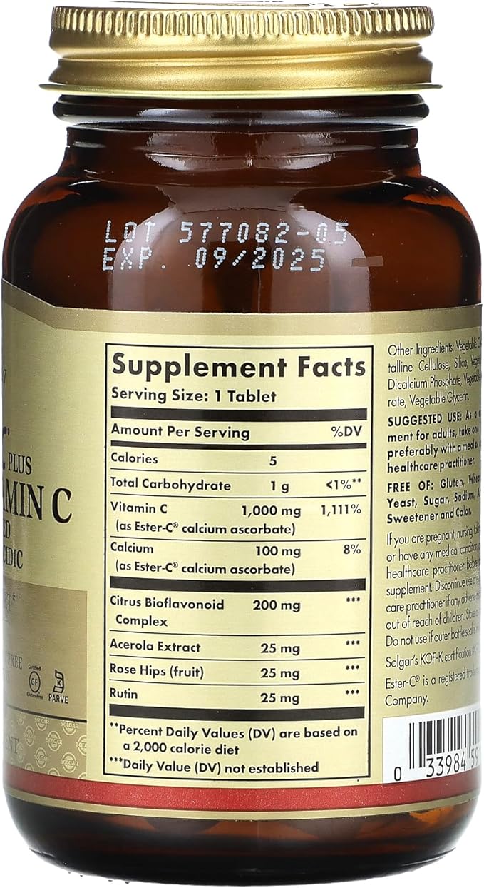Solgar Ester-C Plus 1000 mg Vitamin C (Ascorbate Complex), 60 Tablets - Gentle On The Stomach & Non Acidic - Antioxidant & Immune System Support - Non GMO, Vegan, Gluten-Free, Kosher - 60 Servings