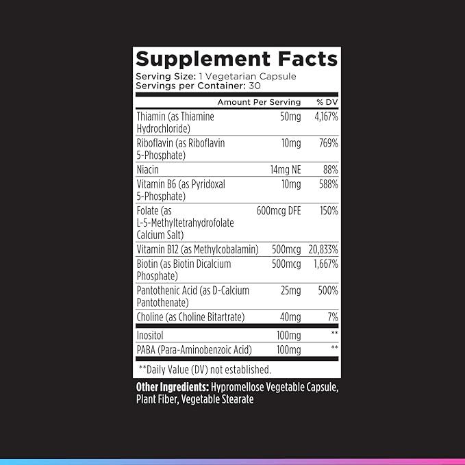 Livingood Daily Vitamin B Complex Capsules for Men and Women, Methylated B12 & Folate, 11 Active Forms Including B1 B2 B3 B5 B6 & Biotin, Gluten Free, Vegan B Vitamins for Hair Skin Nails, 30 Capsules