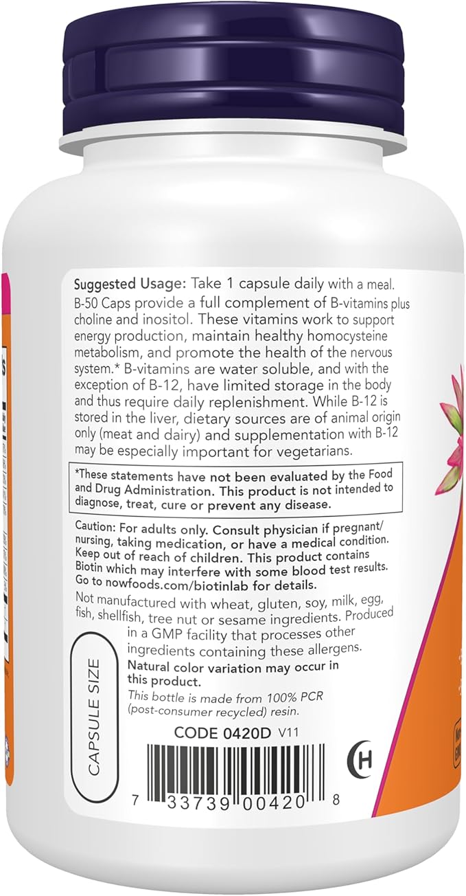 NOW Foods Supplements, Vitamin B-50 mg, Energy Production*, Nervous System Health*, 100 Veg Capsules