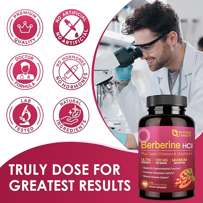 NATURE TARGET Berberine HCl 1200mg, Berberine Supplement with Ceylon Cinnamon, Chromium - Supports Immune, Gastrointestinal & Digestive Health, Non-GMO, 120 Capsules