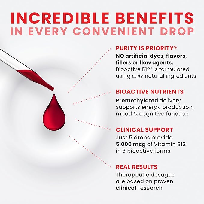 Pure TheraPro BioActive Vegan Methylated Vitamin B12 Sublingual Liquid Methylcobalamin, Hydroxocobalamin & Adenosylcobalamin 1,000 mcg per Drop (5 Drops = 5,000mcg / 2 Month Supply) 10 ml