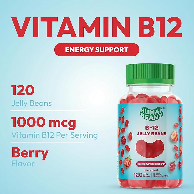 Methylated Vitamin B12, Jelly Bean Gummies for Adults, Brain Health and Energy Booster, Healthy Hair, Skin, and Nails, Nutritional Vegetarian Supplements, 120 Jelly Beans