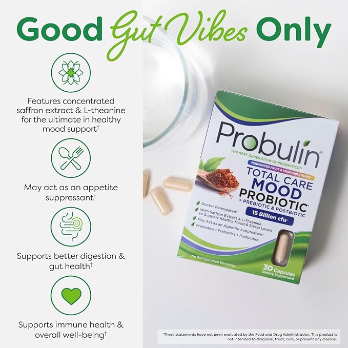 Probulin Mood Probiotics for Women with Saffron, L Theanine, Probiotic, Prebiotic, Postbiotic - Mood Support Supplement & Gut Support - Vegan, Non GMO, 30 Capsules