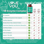 Love You 18 Enzyme Complex – Broad Spectrum Digestive Support with Amylase, Bromelain and Papain – Promotes Nutrient Absorption and Healthy Digestion, 60 Veggie Capsules