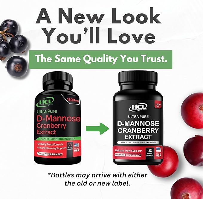 HCL HERBAL CODE LABS D-Mannose with Cranberry Extract Capsules 1500mg – High Potency USP Grade D-Mannose Supplement with Whole Fruit Cranberry Powder – Urinary Tract Support – Non-GMO 60 Capsules