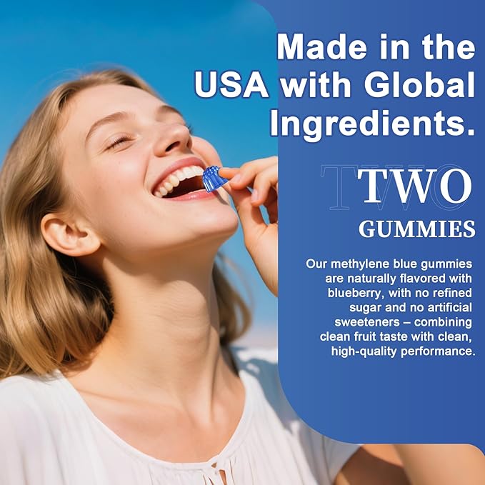 Methylene Blue Gummies for Humans | Upgraded High-Potency Antioxidant & Brain Booster Supplement for Cognitive, Energy, Cellular& Mitochondrial Health | Fast-Absorbing, Vegan, 120 Counts