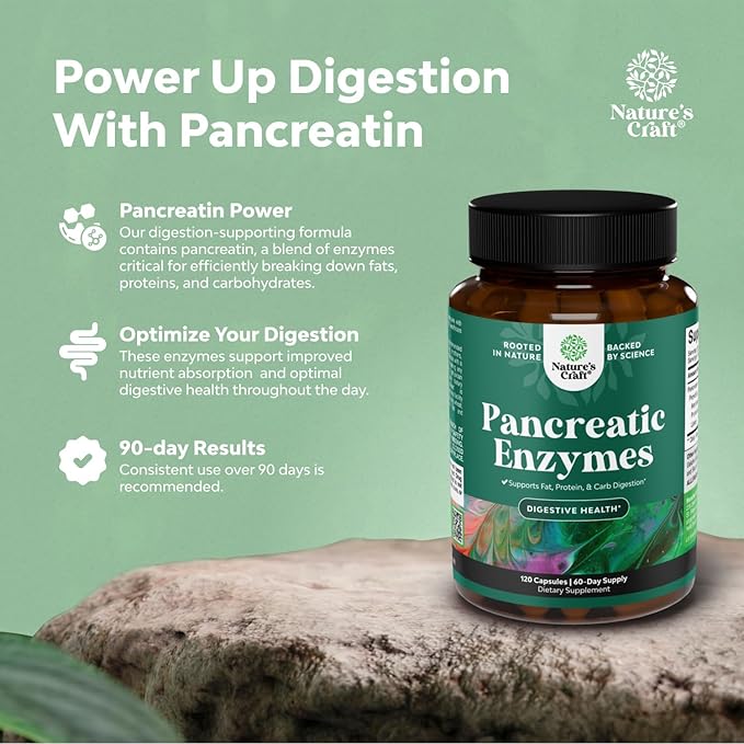 Natures Craft Pancreatin Digestive Enzymes for Digestive Health - Pancreatic Enzymes for Humans with Fat Carb and Protein Women and Men - Protease Amylase & Lipase Digestion -120ct