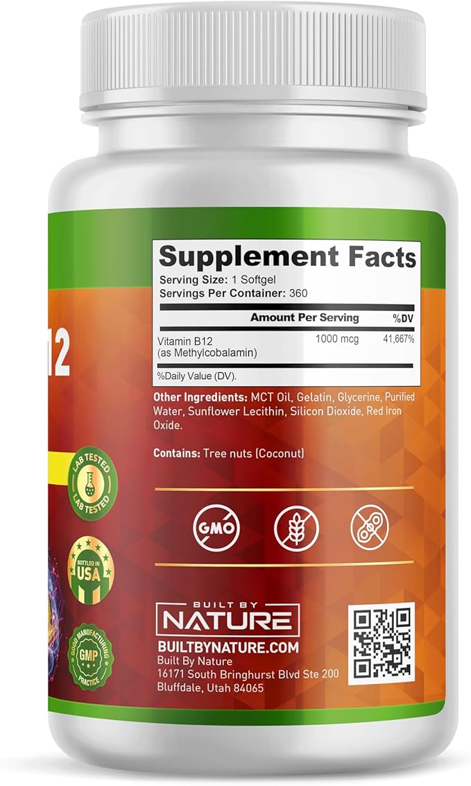 Built by Nature Vitamin B12 1000 mcg Methylcobalamin - Extra Strength Fast Dissolve Soft Gels for Energy Metabolism & Nervous System Health - Non GMO -1 Year Supply - 360 Softgels