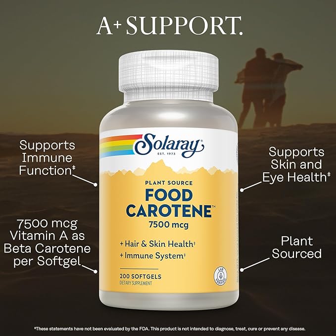 SOLARAY Food Carotene 7500mcg (25000 IU) - Beta Carotene Vitamin A Supplement - Wellness and Immune Support Supplement, Potent Eye Vitamins and Skin Food, Plant Sourced, 60-Day Guarantee, 200 Softgels