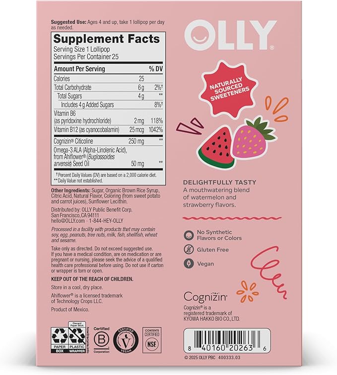 OLLY Focus Buddies L’OLLY Pops, Cognizin, Vitamins B6 & B12, Omega-3 ALA, Supports Focused Attention & Healthy Brain Function,* Kids 4+ Dietary Supplement, Watermelon Strawberry,25 Count (Pack of 2)