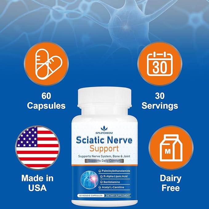 Sciatic Nerve Support Supplement, Advanced Sciatic Nerve Support Formula with Pea, Alpha Lipoic Acid, Benfotiamine, 60 Capsules
