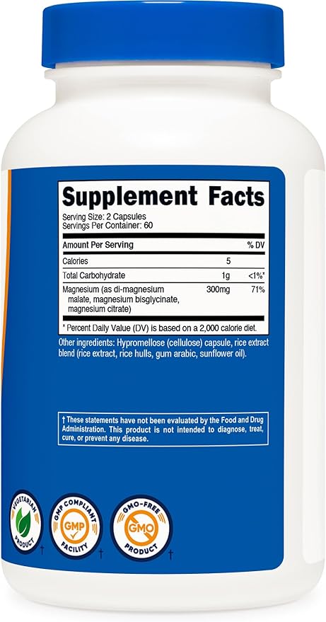 Nutricost Triple Magnesium Complex (300mg, 120 Capsules) - from Di-Magnesium Malate, Bisglycinate and Citrate, 60 Servings