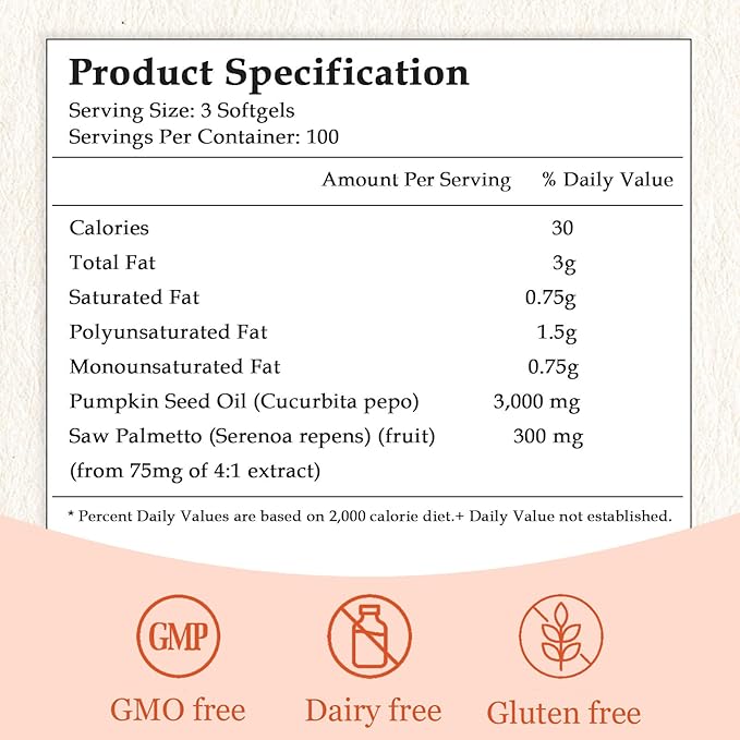 Pumpkin Seed Oil Capsules, 2 in 1 Pumpkin Seed Oil with Saw Palmetto for Hair Growth, 3000mg Per Serving, Cold Pressed, Supports Hair Heart Skin Supplement, Non-GMO, Gluten Free, 300 Softgels