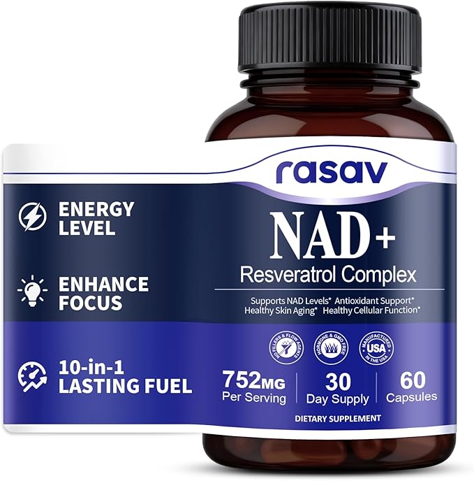 Rasav NAD Supplement 10-in-1 Extra Strength – NAD Resveratrol with CoQ10, Urolithin A, Green Tea Extract & ALA – NMN Supplement Alternative for Women & Men