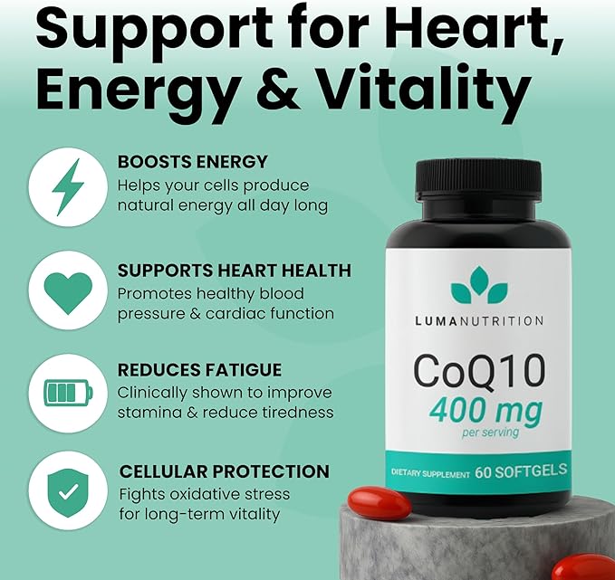 Luma Nutrition CoQ10 400mg Softgels - High-Absorption Coenzyme Q10 - Co Q-10 200mg / 400mg Per Serving - Heart Health - 60 Liquid Softgels (Pack of 2)
