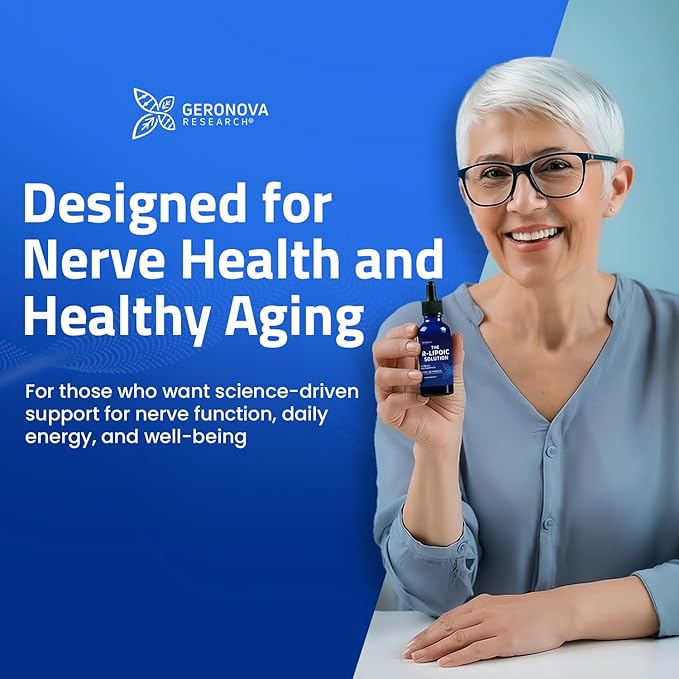 Geronova Research The R-Lipoic Solution, 2 fl oz – Potassium-Stabilized R-Lipoic Acid Liquid for Healthy Aging, Supports Nerve Health, and Cellular Balance – Fast-Absorbing 3-Ingredient RLA Drops