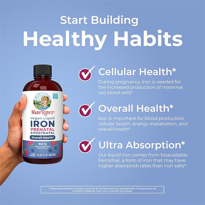 MaryRuth’s Prenatal Postnatal Iron Liquid | Iron Supplement for Prenatal & Postnatal | with Ferrochel | Red Blood Cell Production | Sugar Free | Vegan | Non-GMO | Gluten Free | 15.22 Fl Oz