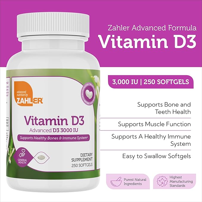 Zahler Vitamin D3 3000IU, Vitamin D3 Supplement 3,000 IU, Certified Kosher (250 Softgels)