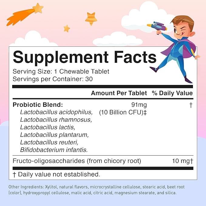 LOVEBUG Probiotics for Kids – Probiotic Chewables with Prebiotic Fiber for Age 4+,Daily Children's Gut Health & Digestive Support Supplement, Sugar-Free Berry Flavor, 30 Count