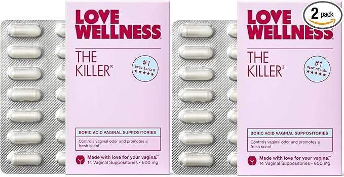 Love Wellness The Killer | 600mg Boric Acid Vaginal Suppositories | Balances pH & Supports Odor Control, a Healthy Vaginal Balance | Fast-Acting & Fragrance-Free | Gentle & Effective | 28 Ct