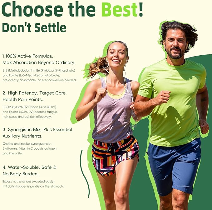 Vitamin B Complex Drops, Active B12 Methylcobalamin 5000mcg, B6, B1, B2, B5, B7, B3, Folate with Vitamin C, B12 Sublingual Liquid Fast Absorption | Boost Energy, Focus & Immunity, Vegan | 60 Servings