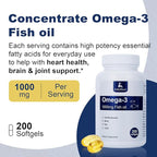 Fish Oil Omega 3 Concentrate Supplement 1000 mg, Rich in EPA and DHA, Supports Heart, Joint, Brain, and Eye Health, Promotes Overall Well-Being, Strengthens The Immune System, Non-GMO | 200 softgels