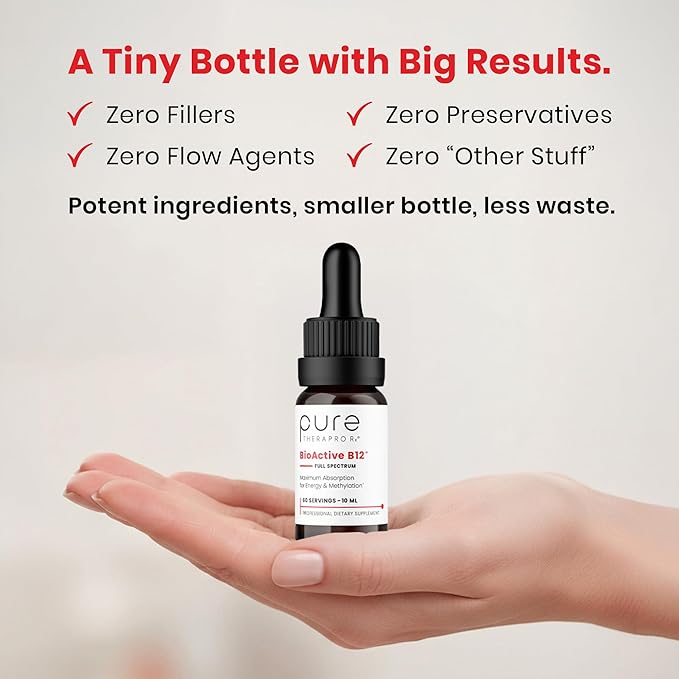 Pure TheraPro BioActive Vegan Methylated Vitamin B12 Sublingual Liquid Methylcobalamin, Hydroxocobalamin & Adenosylcobalamin 1,000 mcg per Drop (5 Drops = 5,000mcg / 2 Month Supply) 10 ml