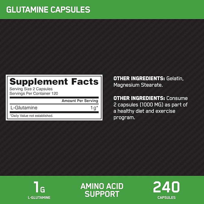 Optimum Nutrition L-Glutamine Muscle Recovery Capsules, 1000mg, 240 Count (Package May Vary) (Pack of 2)