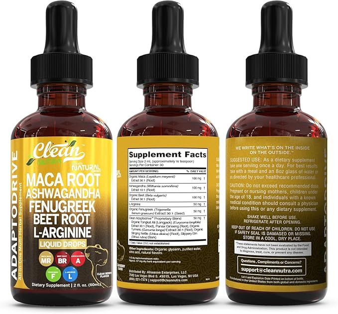 Clean Nutra Organic Maca Root Liquid Drops with Ashwagandha, Fenugreek, Beet Root and L-Arginine Liquid Multivitamin for Women and Men - Adapto Drive
