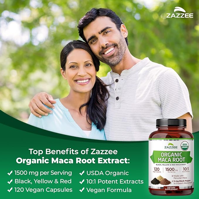 Zazzee USDA Organic Maca Root 10:1 Extract, Red, Black & Yellow Maca, 1500 mg per Serving, 120 Vegan Capsules, Black Pepper Extract, 2 Month Supply, Energy & Stamina Support, Non-GMO, Made in the USA