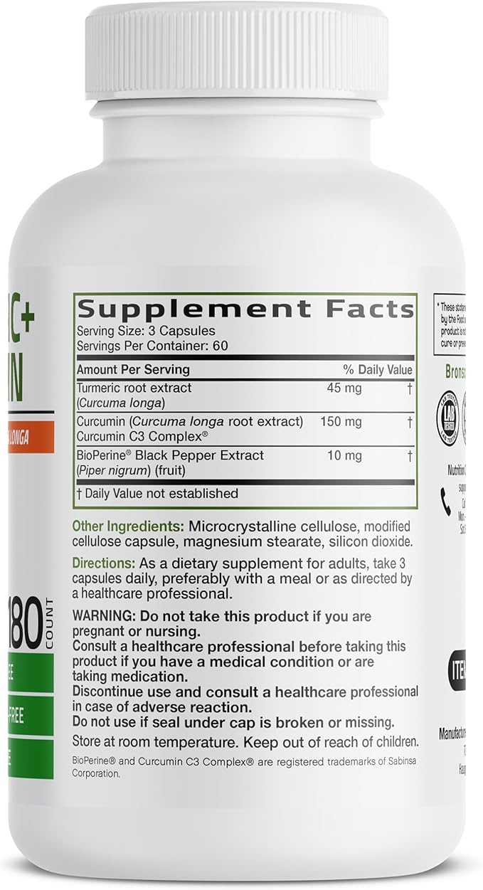 Bronson Turmeric Curcumin Extra Strength - Antioxidant, Joint & Digestion Support with BioPerine, Non-GMO, 180 Vegetarian Capsules