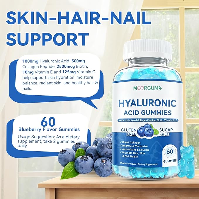 1000mg Hyaluronic Acid & Collagen Peptide Supplements with Biotin, Vitamins C & E - Hair Skin Nails Health Support for Men & Women, Blueberry Flavor, Gluten-Free 60 Gummies
