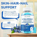 1000mg Hyaluronic Acid & Collagen Peptide Supplements with Biotin, Vitamins C & E - Hair Skin Nails Health Support for Men & Women, Blueberry Flavor, Gluten-Free 60 Gummies