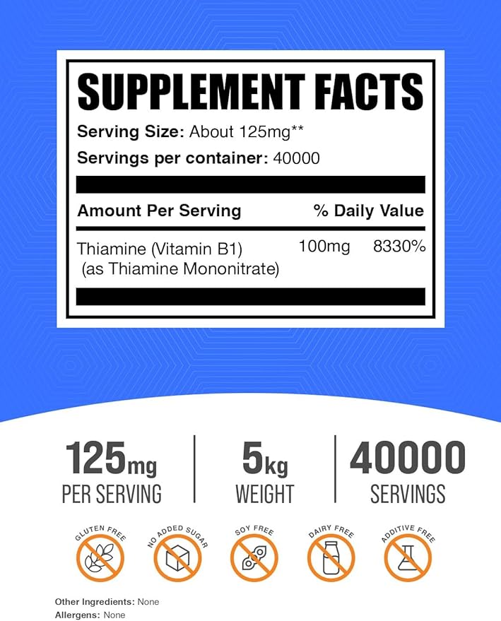 BulkSupplements.com Thiamine Mononitrate Powder - Vitamin B1 Powder, Thiamine B1 Supplement - B1 Vitamins, Gluten Free, 125mg per Serving, 5kg (11 lbs) (Pack of 5)