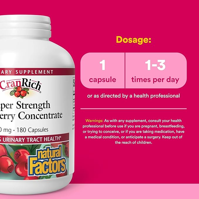 Natural Factors CranRich Super Strength Cranberry Concentrate - Antioxidant Support Supplement with Cranberry Concentrate - Aids Urinary Tract & Bladder Health - 180 Capsules (180 Servings)