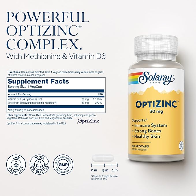 SOLARAY OptiZinc 30mg Immune Support Supplement - Zinc Supplements for Men and Women w/Vitamin B6 - Strong Bones and Skin Health Support - High Absorption - 60-Day Guarantee, 60 Servings, 60 VegCaps
