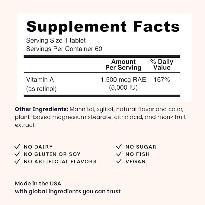 EZ Melts Vitamin A - Skin, Eye & Bone Health Supplement - Supports Healthy Nervous System - No Artificial Flavors - Non-GMO & Vegan - Strawberry Blast - 60 Dissolvable Tablets (60 Servings)