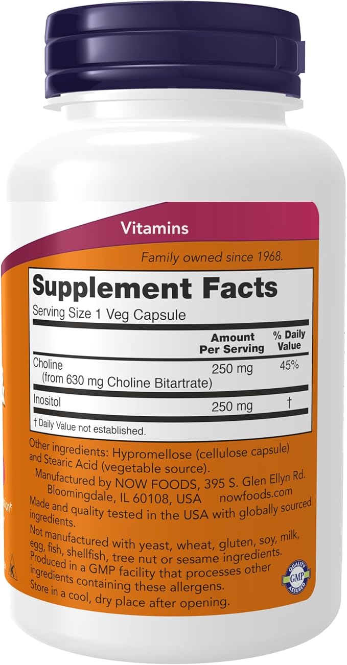 NOW Foods Supplements, Choline & Inositol 500 mg, Healthy Nerve Transmission*, Nervous System Health*, 100 Capsules (Pack of 2)