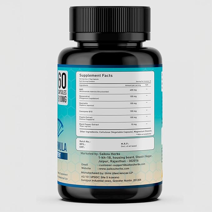 NAD+ Supplement 810mg with Nicotinamide Adenine Dinucleotide, Resveratrol, Quercetin, Coenzyme Q10, Fisetin and Black Pepper - Healthy Aging - High Absorption - 60 Capsules