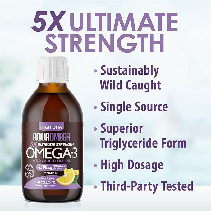 5X Ultimate Strength Omega 3 Fish Oil Liquid with Vitamin D, Burpless Liquid Fish Oil Supplements with High DHA and EPA Omega 3 Fatty Acid Supplements, 7.60 floz, Lemon Flavor
