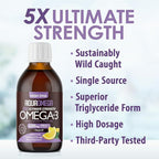 5X Ultimate Strength Omega 3 Fish Oil Liquid with Vitamin D, Burpless Liquid Fish Oil Supplements with High DHA and EPA Omega 3 Fatty Acid Supplements, 7.60 floz, Lemon Flavor