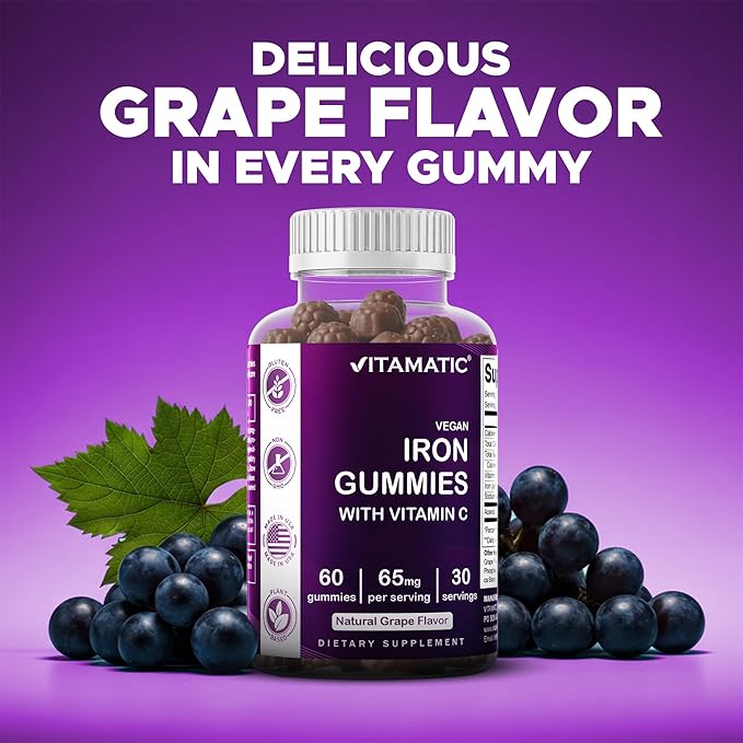 Vitamatic Iron 65 mg Gummies Supplement for Women & Men - 60 Vegan Gummies - Great Tasting Iron Gummy Vitamins with Vitamin C (1)