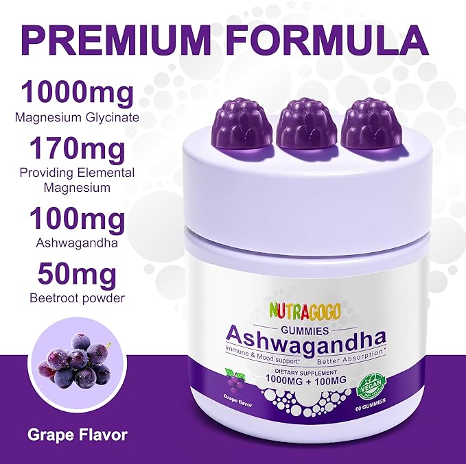 Ashwagandha Gummies & Vitamin D3 Gummies Organic Aswangdha Supplement for Improve Sleep, Stress Relief & Mood Calm (Grape Berry,Non-GMO, Gluten-Free & Sugar Free)-1 Pack