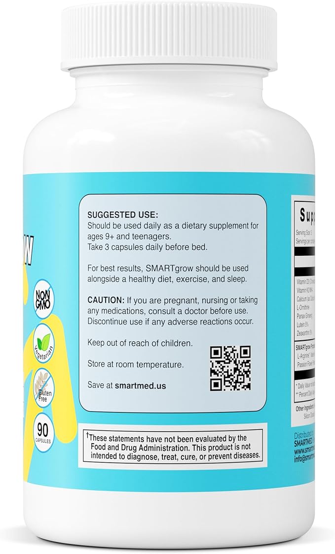 SmartGrow Premium Growth Formula for Teens – Bone, Brain, Sleep & Eye Support – Calcium, Vitamin D3, Amino Acids – Daily Wellness Supplement (180 Capsules) – 3 Month Supply