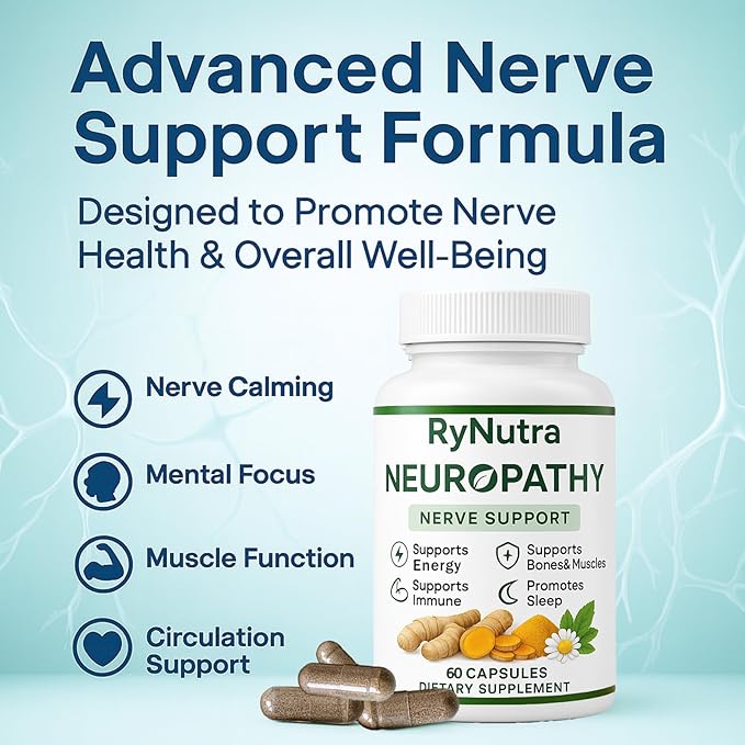 Rynutra Nerve Support Supplement, Capsules for Neuropathy with CoQ10, Turmeric, L-Carnitine, Butcher’s Broom, Alpha Lipoic Acid, Enhance Nerve Calming, Promote Overall Well-Being, 60 Capsules
