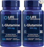 Life Extension L-Glutamine,500 mg L-glutamine,Amino Acid,Supports Muscle Health and Immune Health,Gluten-Free,Non-GMO,100 Vegetarian Capsules,(Pack of 2)