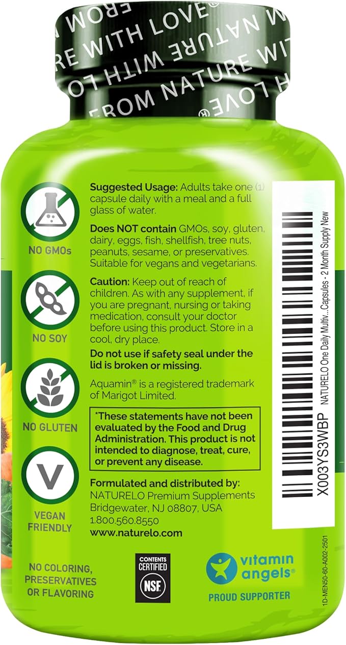NATURELO Mens Multivitamins for Men 50+ - One Daily Multivitamin for Men with Vitamins, Minerals & Organic Whole Foods, Boost Energy & Health, Non-GMO, 60 Vegetarian Capsules