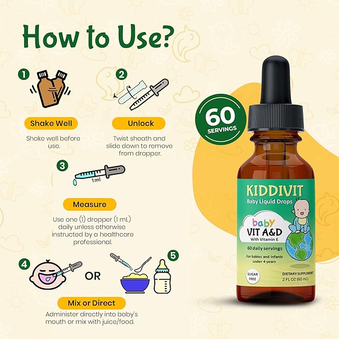 Kiddivit Baby Vitamin A&D Liquid Drops with Vitamin E – Gentle Immune & Vision Support Supplement – 60 Daily Servings, Dropper Included, Glass Bottle – Sugar Free, Gluten Free, Vegetarian, 2oz
