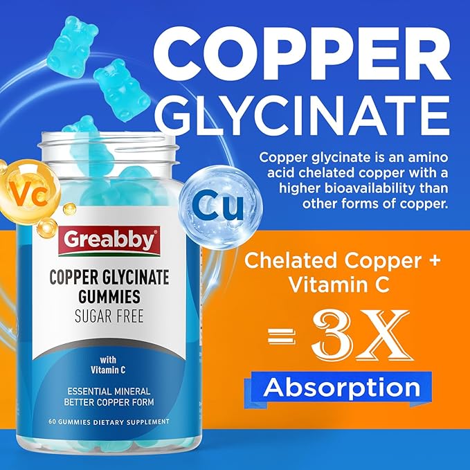 Copper Glycinate Gummies for Women, 2mg Chelated Copper with Vitamin C, High Absorption Copper Supplements for Women 25-44, Immune, Energy, Skin & Bone Health, 60 Count